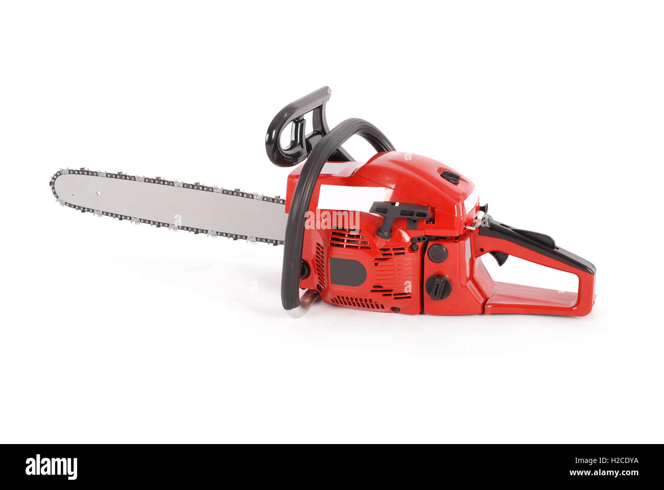 Red professional chainsaw isolati su sfondo bianco Foto Stock