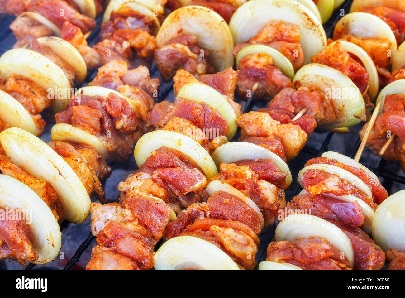 Chiudere l immagine di un greggio di spiedini di carne con cipolle, barbecue nel giardino, il fuoco selettivo. Foto Stock