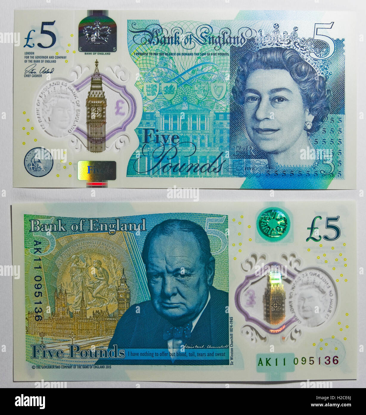 Polimero cinque pound nota introdotta nel 2016, sostituendo la carta nota. Foto Stock