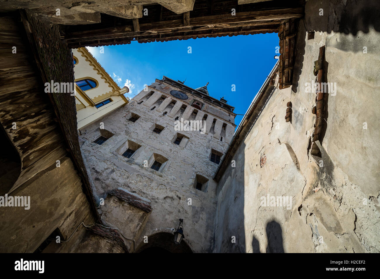 Turnul cu CEAS - Clock Tower e barbacan, parte della vecchia fortificazione nel centro storico di Sighisoara, Transilvania in Romania Foto Stock