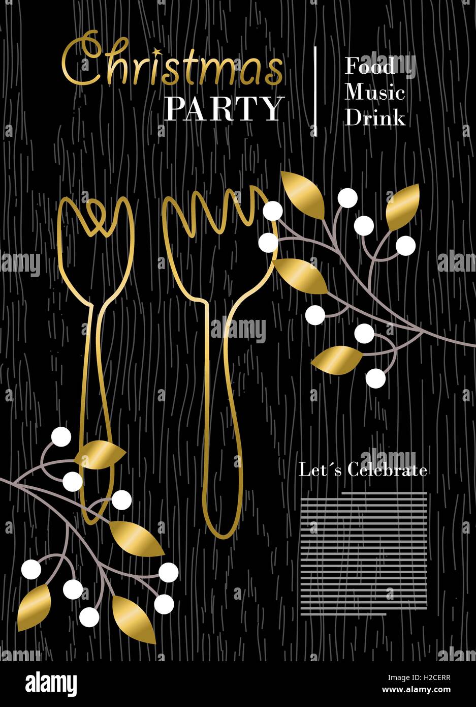 Festa di Natale del modello con decorazioni in oro, cibo e bevande invito o poster design per l'evento di festa. EPS10 vettore. Illustrazione Vettoriale