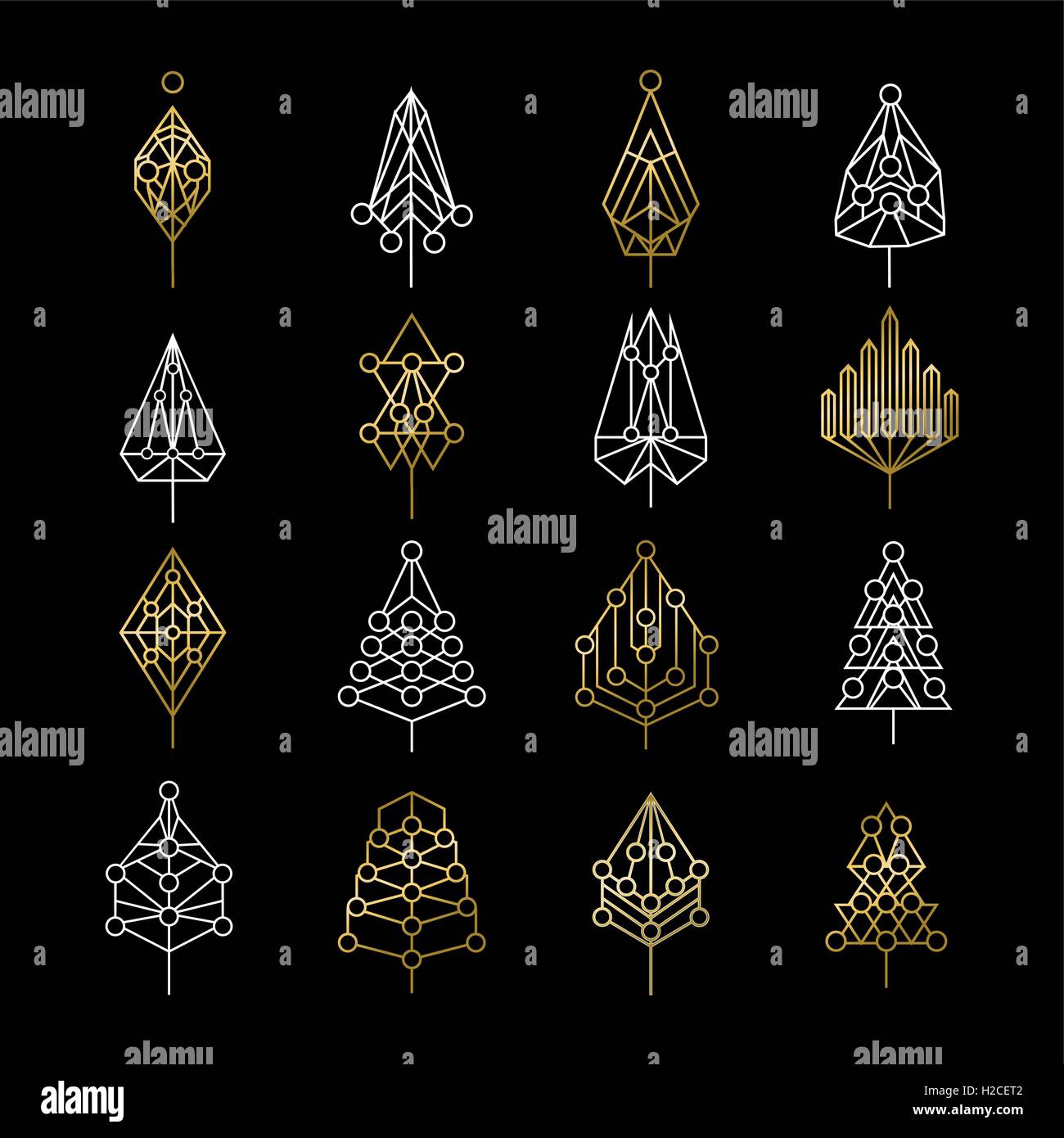 Set di astratta natale oro pini le icone con geometrico ornamenti per le vacanze. EPS10 vettore. Illustrazione Vettoriale