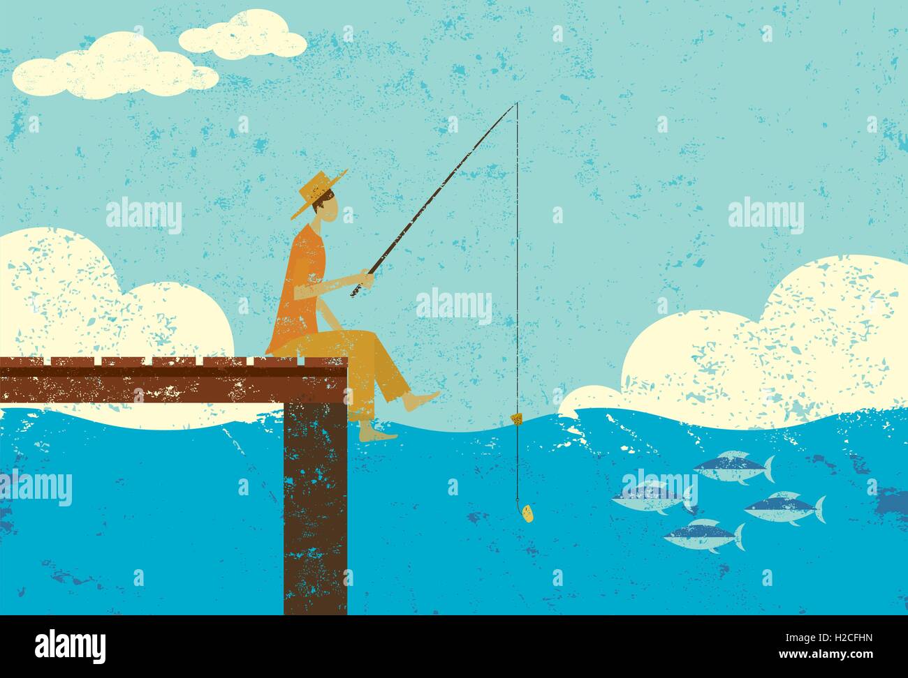 La pesca su una dock un uomo in abiti strappati la pesca sulla estremità di un dock. Illustrazione Vettoriale