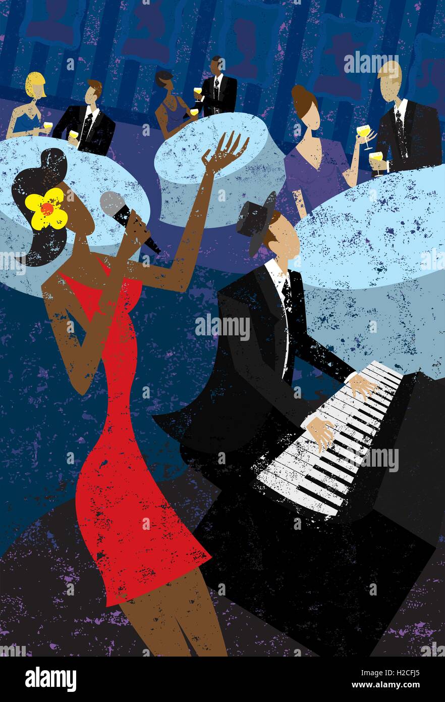 Jazz Club un jazz club cantante con un pianista e coppie seduti ai tavoli di bere vino. Illustrazione Vettoriale