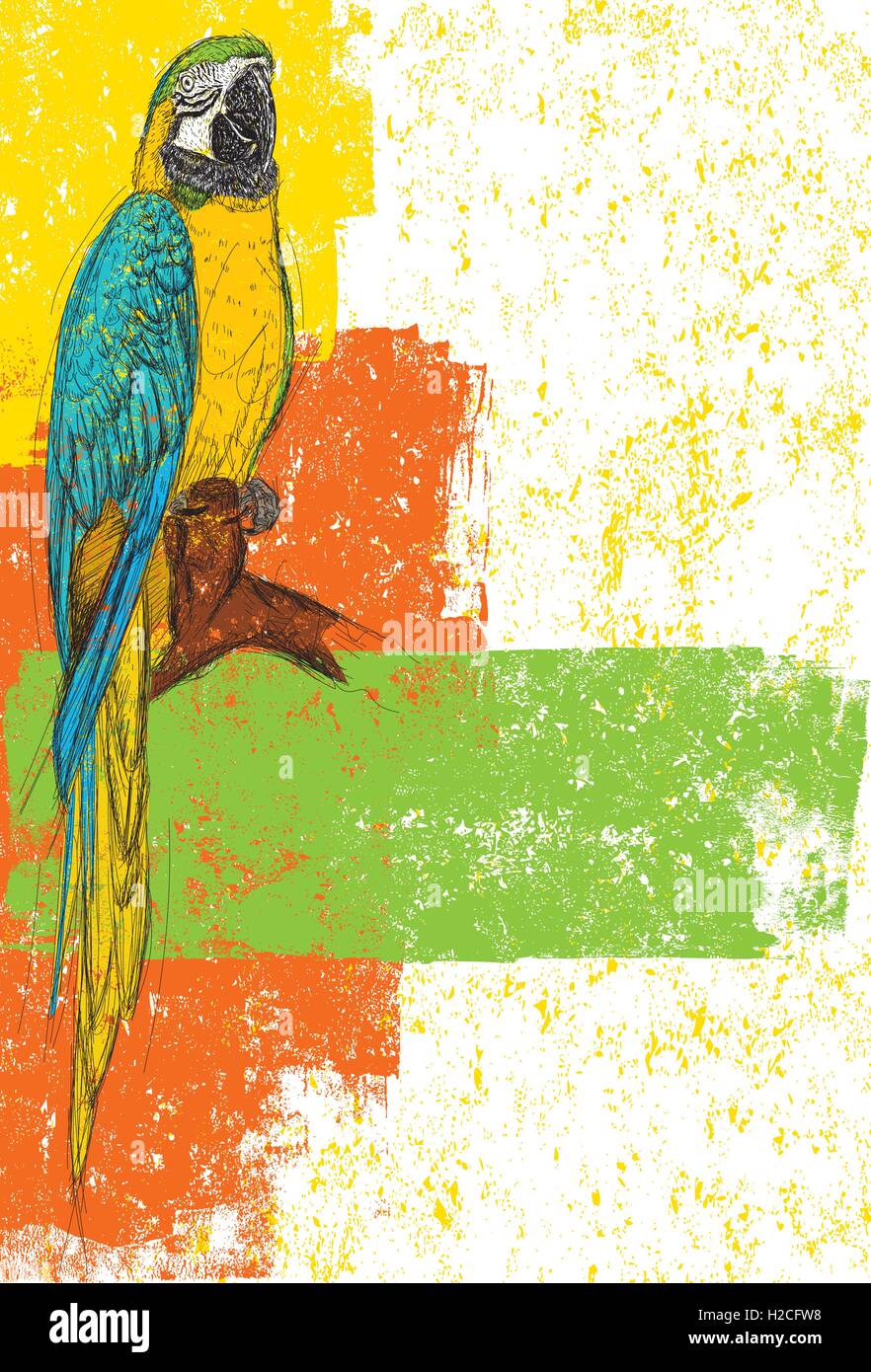 Il blu e il giallo di un pappagallo Blue-Yellow Macaw su un sfondo astratto. Illustrazione Vettoriale