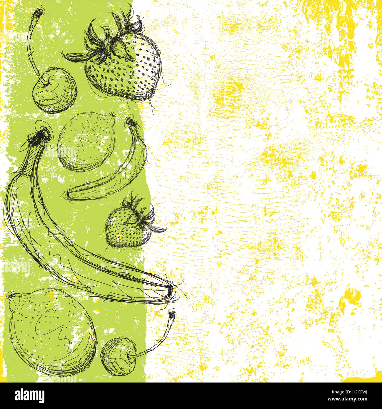 Sfondo di frutta Sketchy, disegnati a mano fragola, ciliegia, banana e calce su un sfondo astratto. Illustrazione Vettoriale