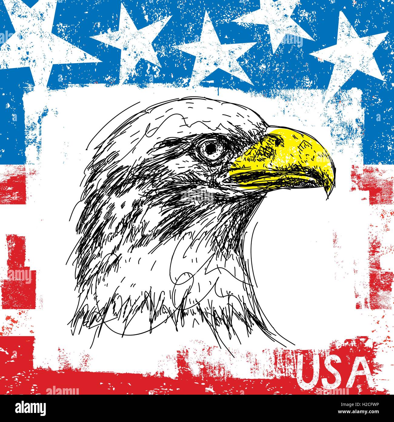 American aquila calva e bandiera un sketchy aquila calva su un astratto e stilizzata bandiera americana. Illustrazione Vettoriale