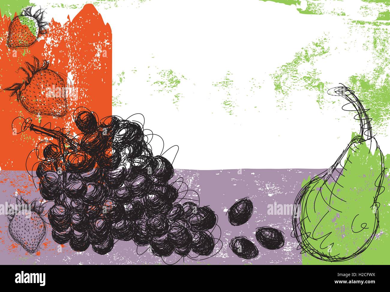 Un medley di brani di frutta Sketchy fragole, uva e pere su un sfondo astratto. Illustrazione Vettoriale