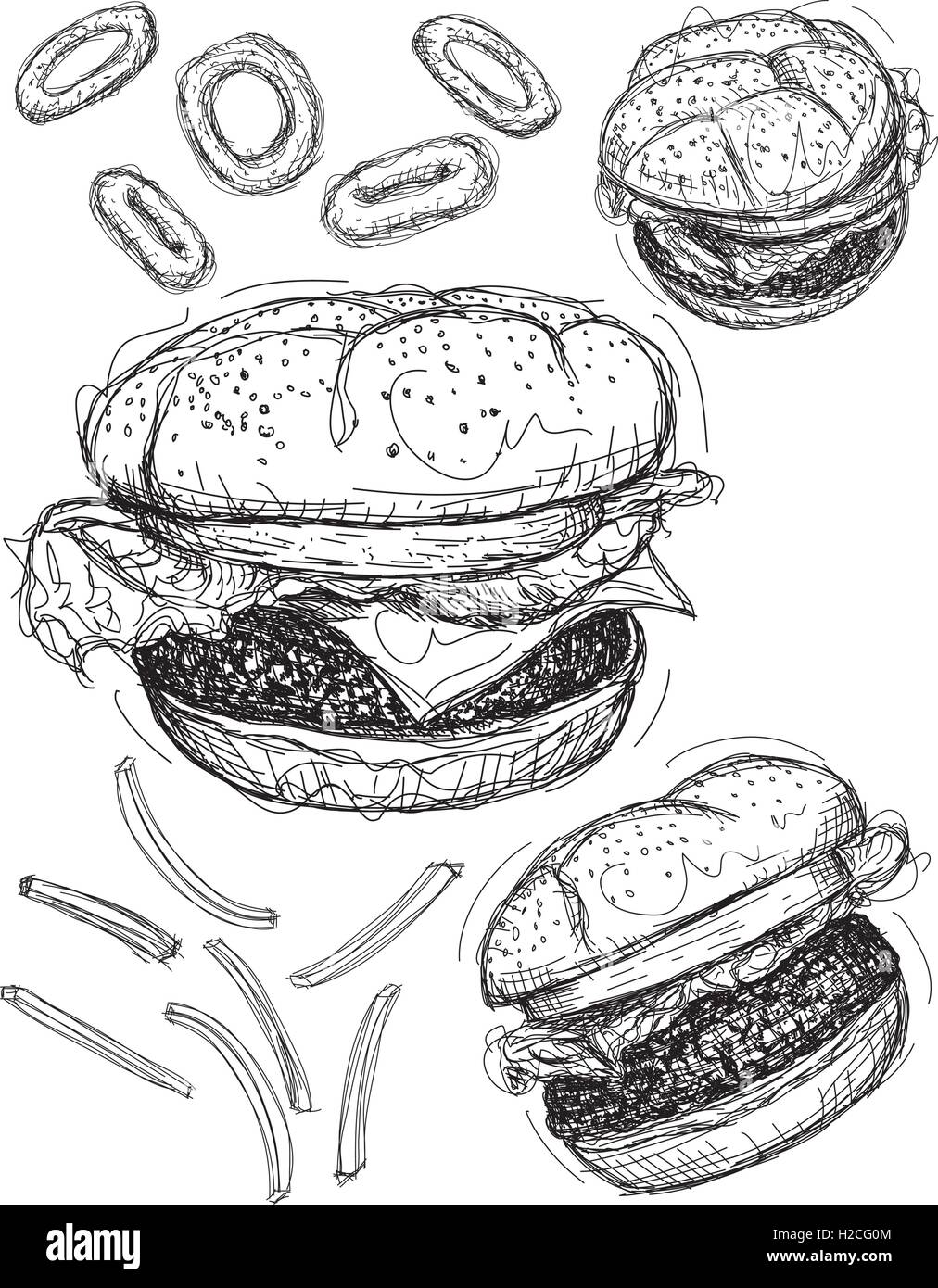 Hamburger tratteggia un cheeseburger e due hamburger con anelli di cipolla e patatine fritte Illustrazione Vettoriale