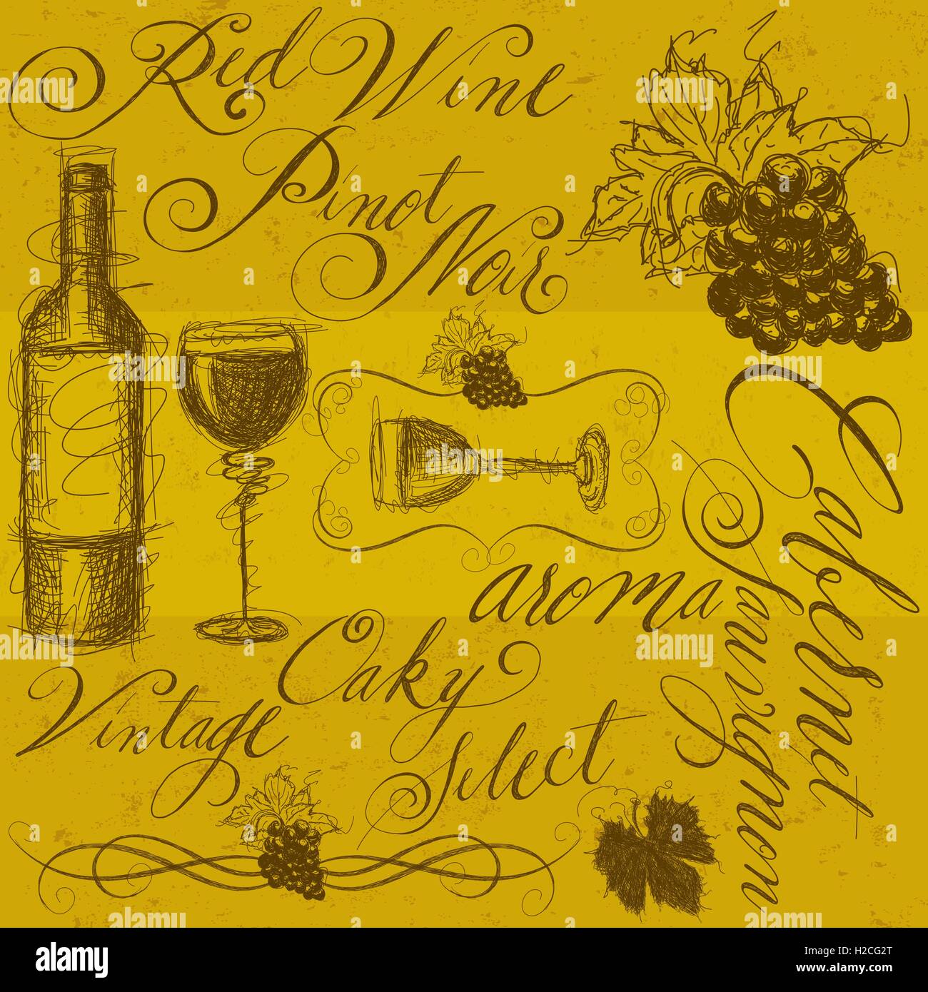 Il vino con la calligrafia Sketchy, disegnato a mano la bottiglia di vino, bicchieri da vino, uva, vite scorre, con la calligrafia. Illustrazione Vettoriale