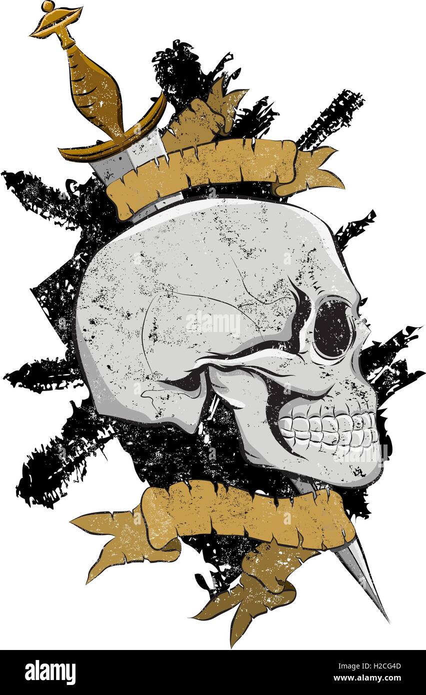 Pirate Skull insegna un cranio trafitto da un pugnale sopra uno sfondo a trama. Illustrazione Vettoriale