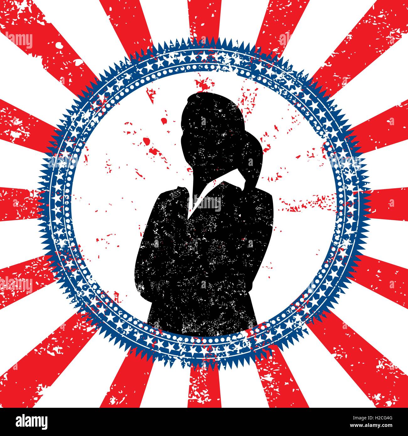 Femmina candidato politico di un candidato di sesso femminile silhouette pulsante elettorale su strisce e un background testurizzato. Illustrazione Vettoriale