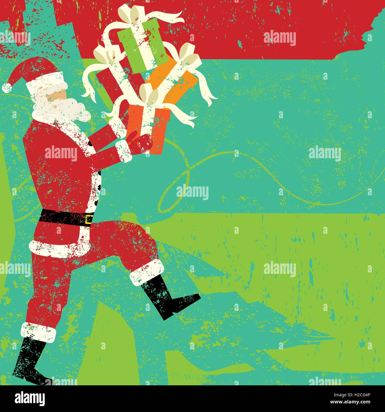Santa con doni di Babbo Natale che porta i regali di Natale. Illustrazione Vettoriale