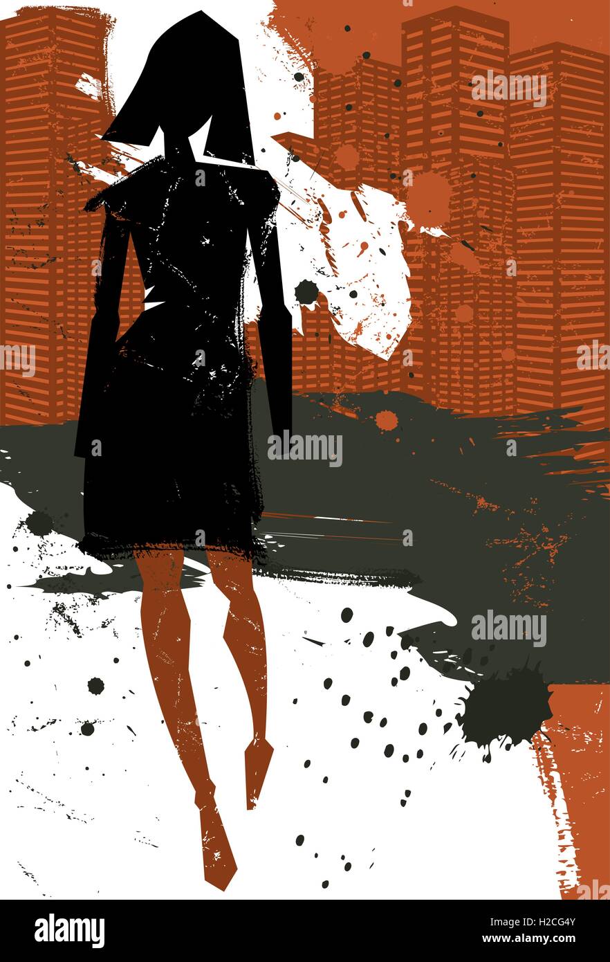 A piedi una donna a piedi da una città distrutta in un futuro dystopian. Illustrazione Vettoriale