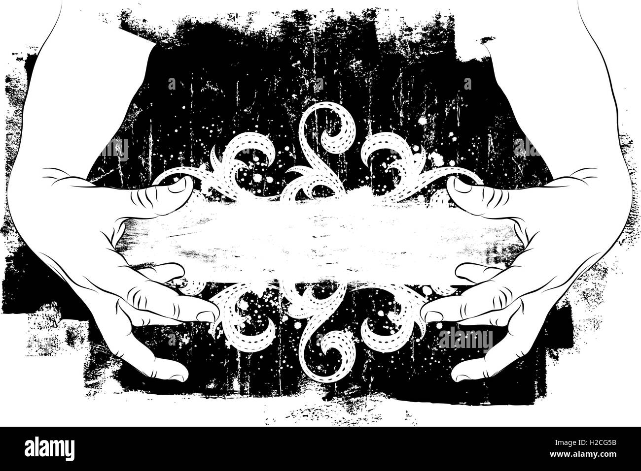 Telaio invecchiati in mani due mani concentrata intorno a un distressed scrollwork telaio su uno sfondo a trama. Illustrazione Vettoriale