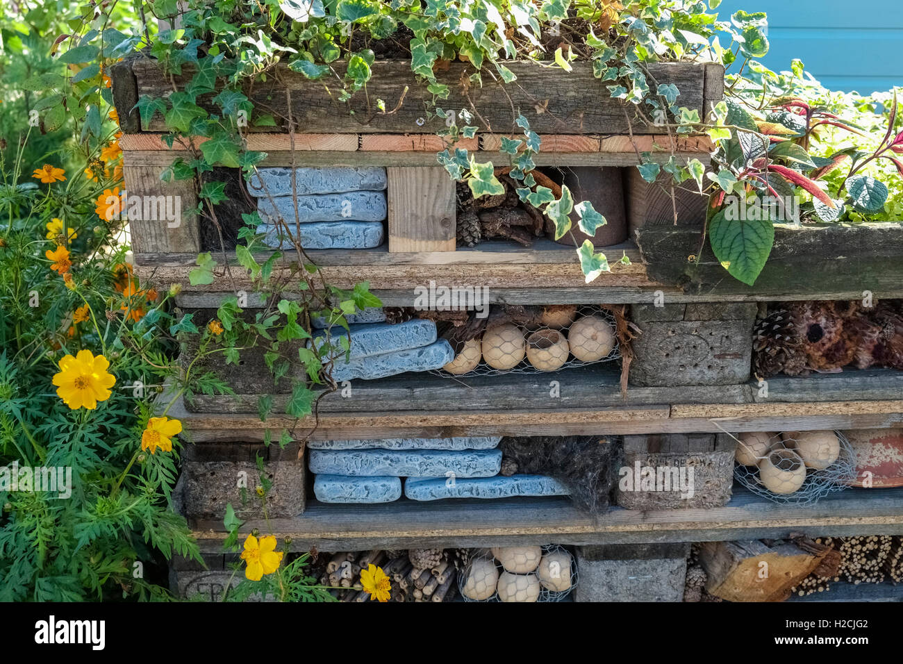Un attraente hotel di bug realizzato dal pallet in legno, vantaggioso per attirare gli insetti in un giardino. Foto Stock