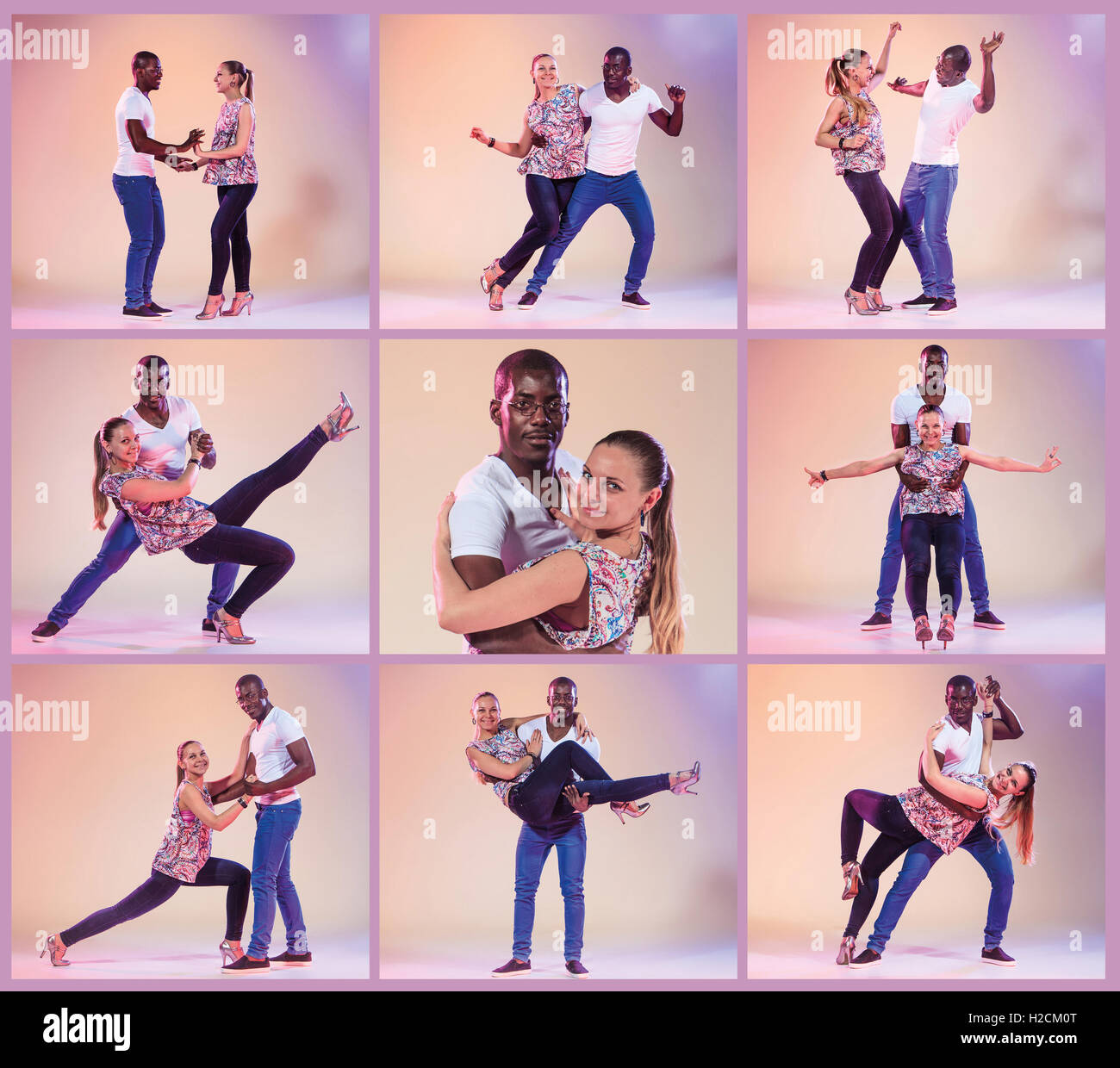 Il collage di immagini della coppia giovane balli sociali salsa caraibica Foto Stock