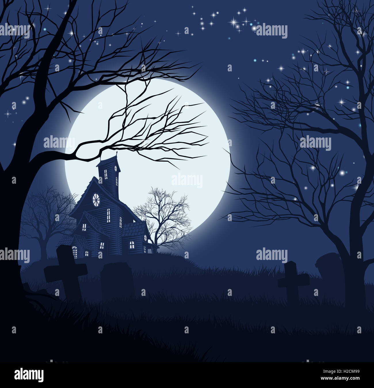 Un Halloween spooky Haunted House e cimitero sullo sfondo Foto Stock