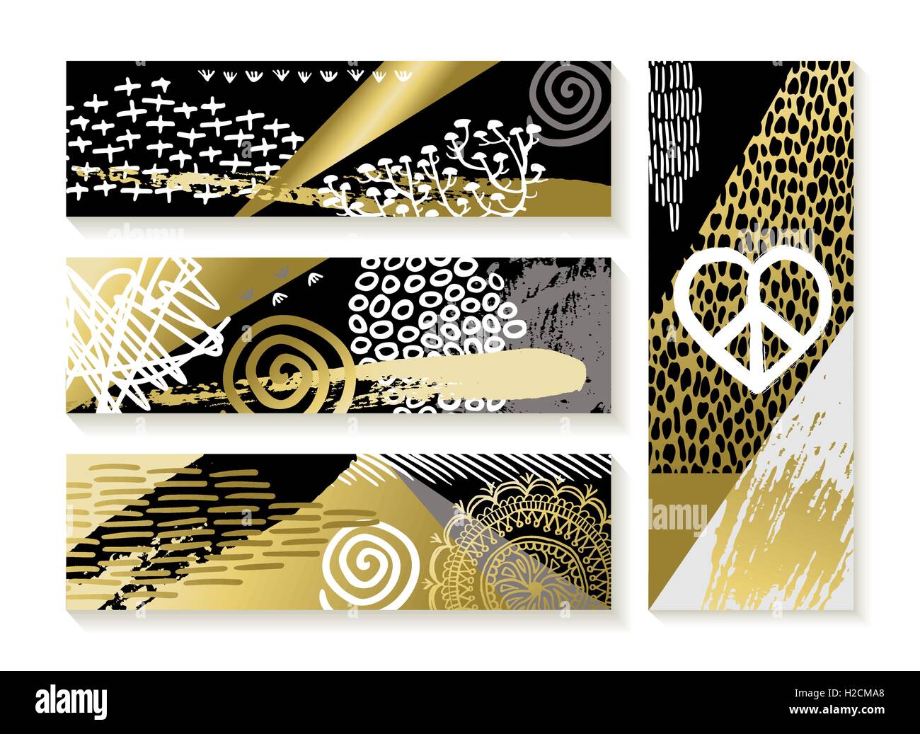 Set di arte moderna i banner e le carte in colore oro con disegnato a mano elementi. EPS10 vettore. Illustrazione Vettoriale