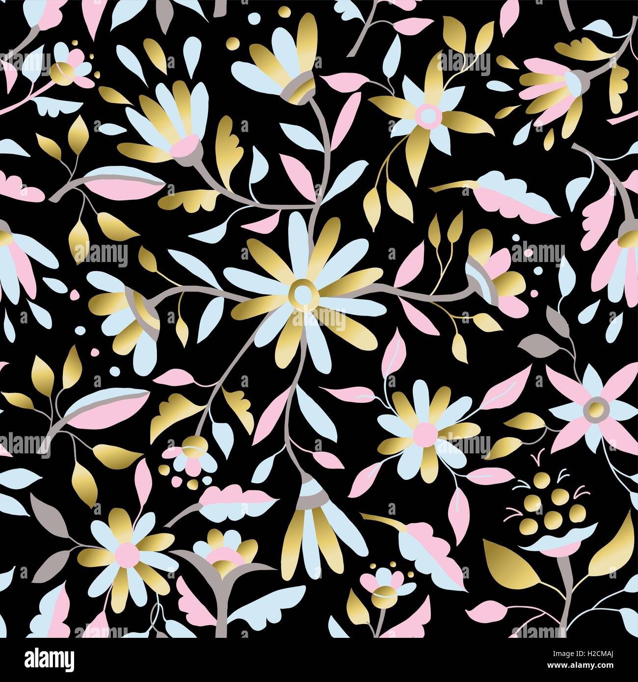 Oro molla floreali seamless pattern con daisy fiori, foglie e illustrazione di lusso design. EPS10 vettore. Illustrazione Vettoriale