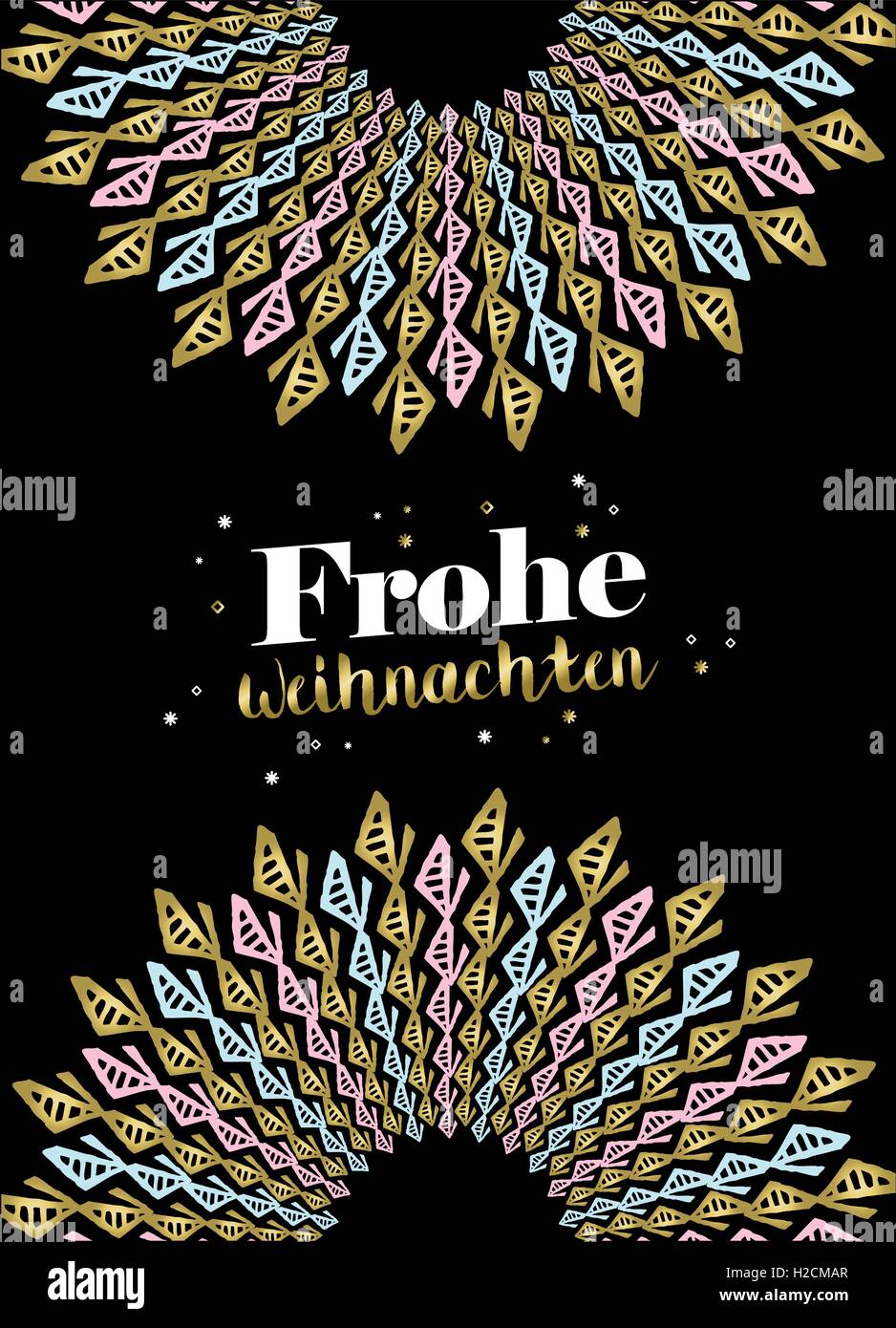 Oro Buon Natale design in lingua tedesca con arte tribale mandala per holiday greeting card, un poster o un invito. EPS10 Illustrazione Vettoriale