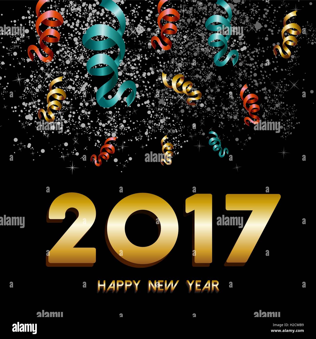 Felice Anno Nuovo 2017 biglietto di auguri, oro testo con il cielo notturno fuochi d' artificio e coriandoli sfondo esplosione. EPS10 vettore. Illustrazione Vettoriale