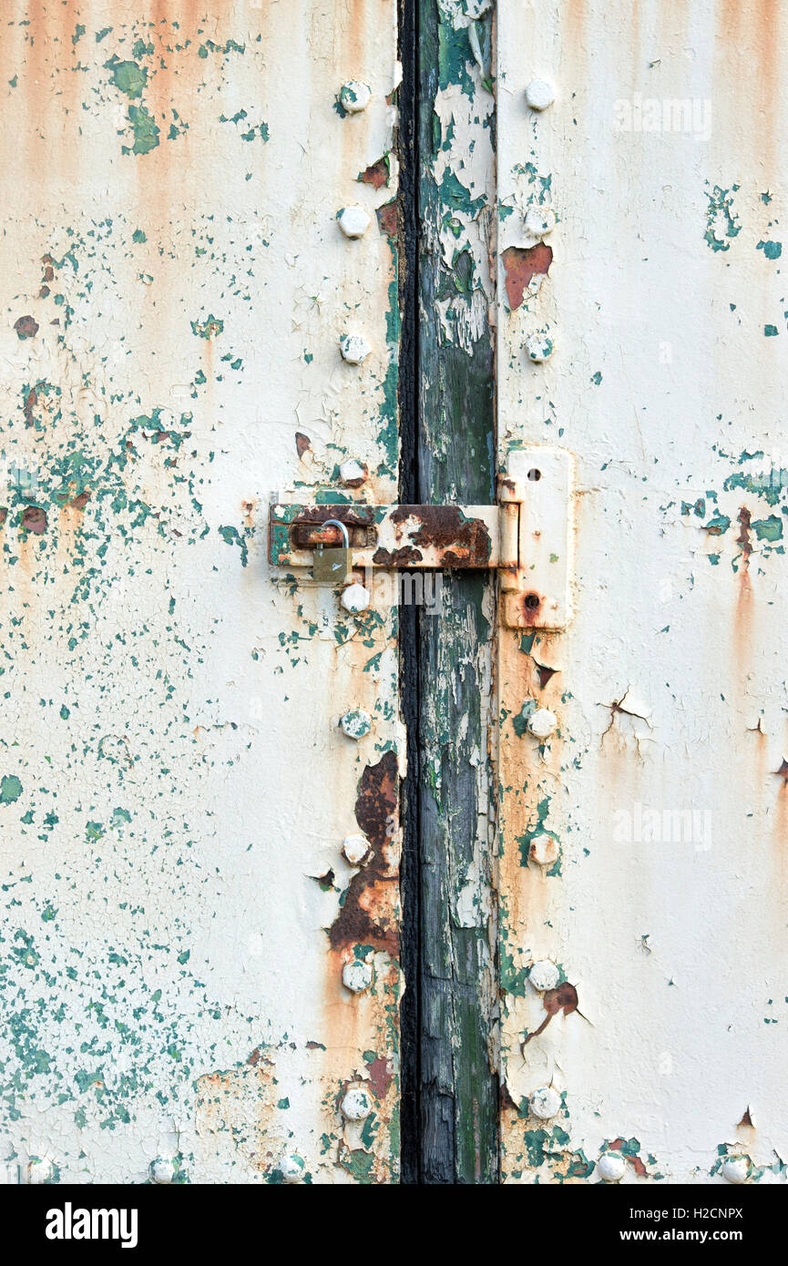Peeling con la vernice e la ruggine rivetti texture su un vecchio metallo porta di garage Foto Stock