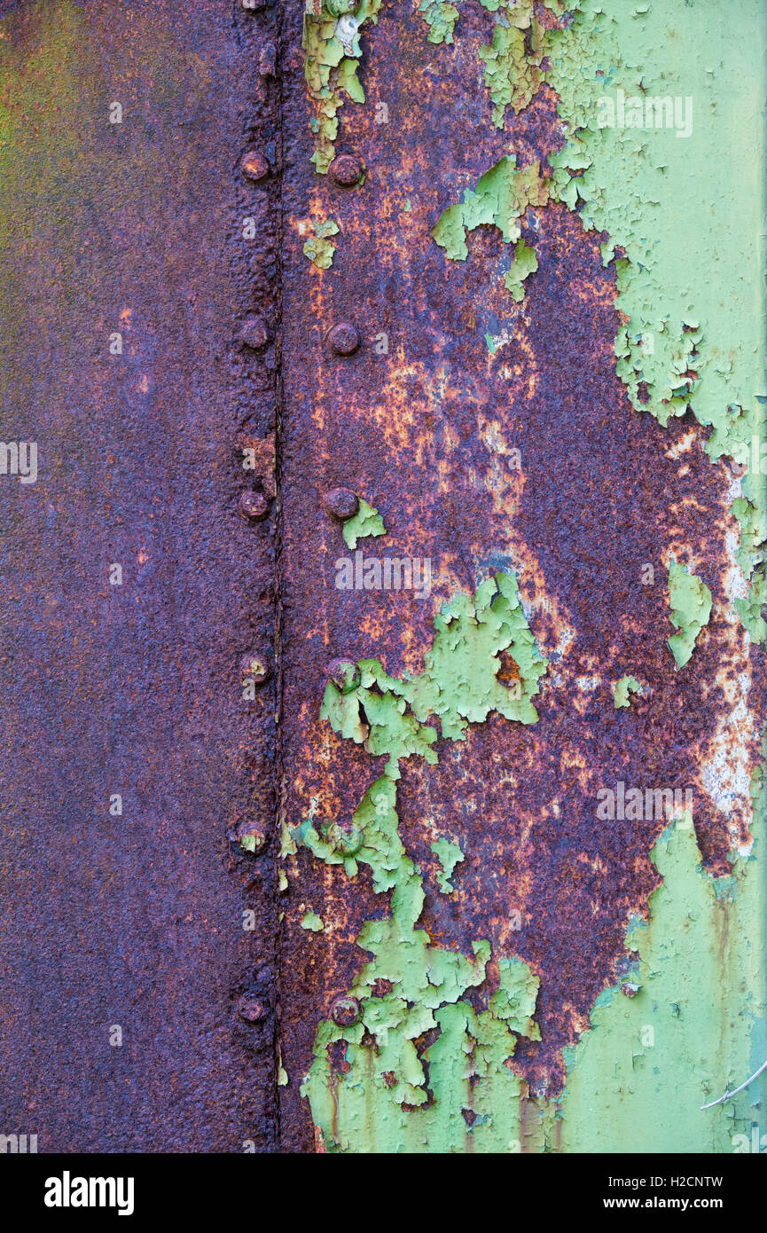 Peeling con la vernice e la ruggine rivetti texture su un vecchio metallo porta di garage Foto Stock