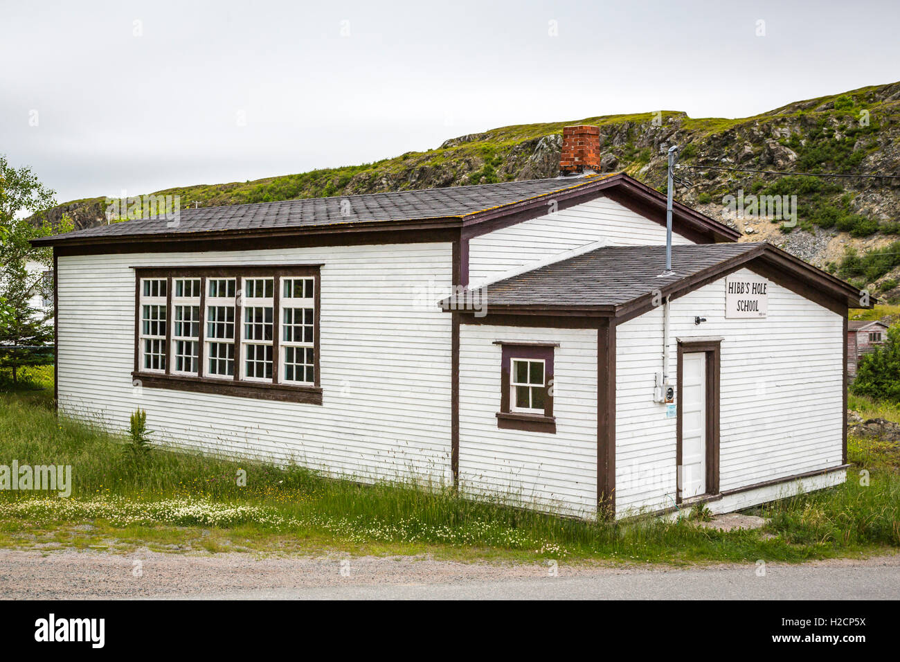 Lo storico edificio scolastico a Hibbs foro, Terranova e Labrador, Canada. Foto Stock