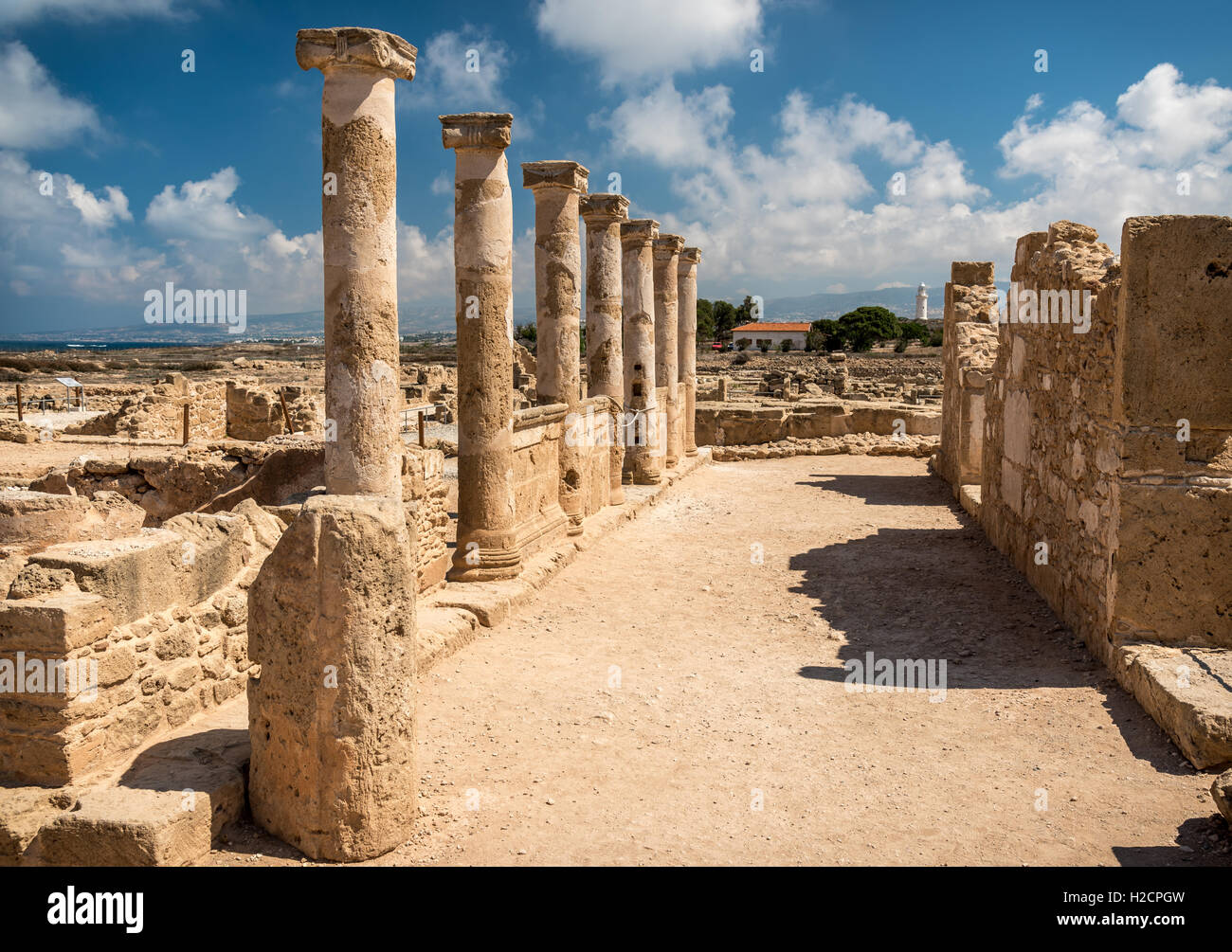Fila di ben conservato colonne romane presso il greco-romana sito archeologico a Paphos, Cipro Foto Stock