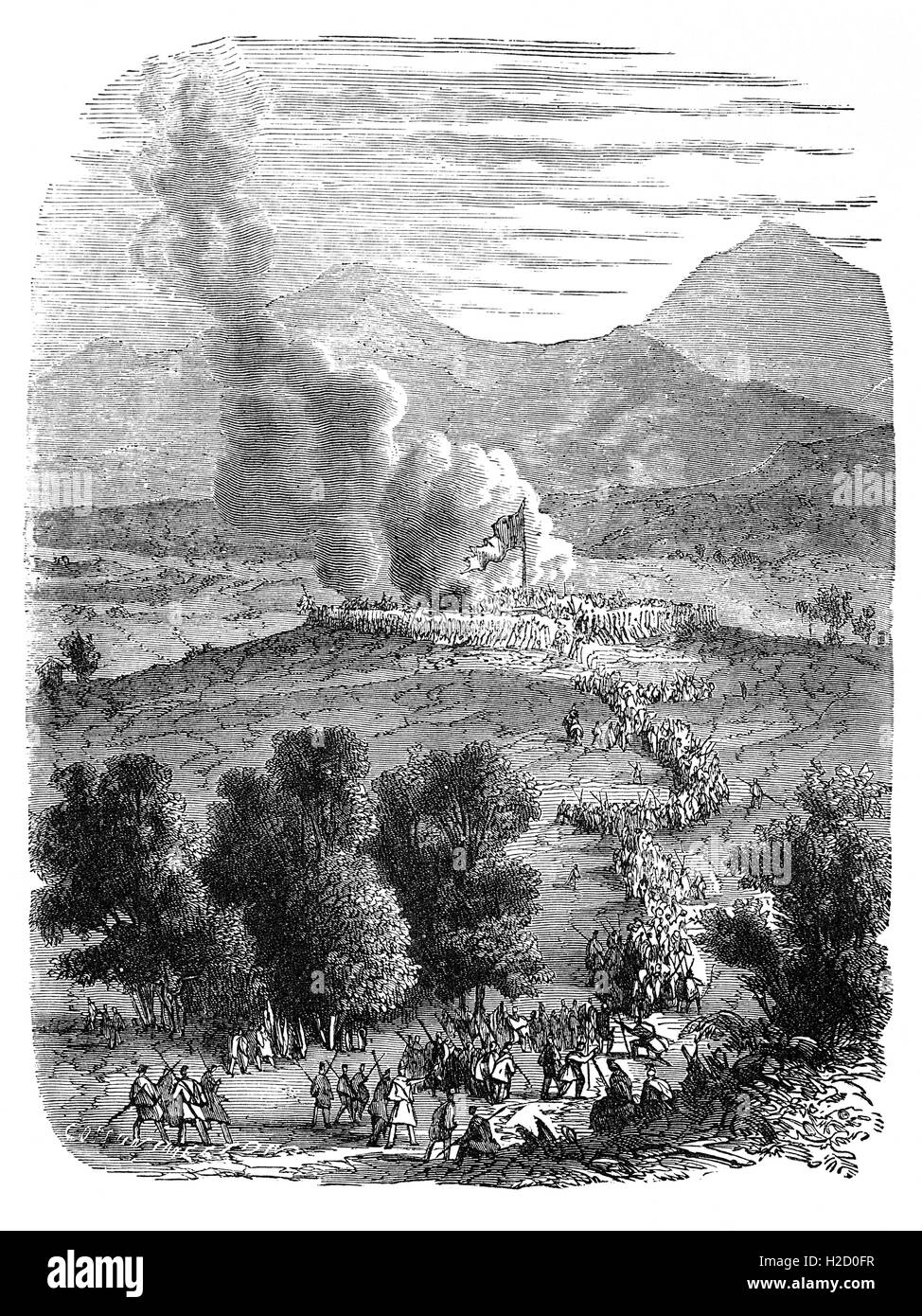 Le truppe britanniche storming Maori stockade o Pah durante 1864 Guerra Maori in Nuova Zelanda. Le staccionate in Maori, o IPA sono stati ben difeso, come il settantesimo (Surrey) Reggimento scoperto alla lotta al grande Pah. Ci sono voluti tre anni e otto battaglioni britannici con il volontariato locale il supporto prima che i britannici possano sconfiggere la Maories. Foto Stock