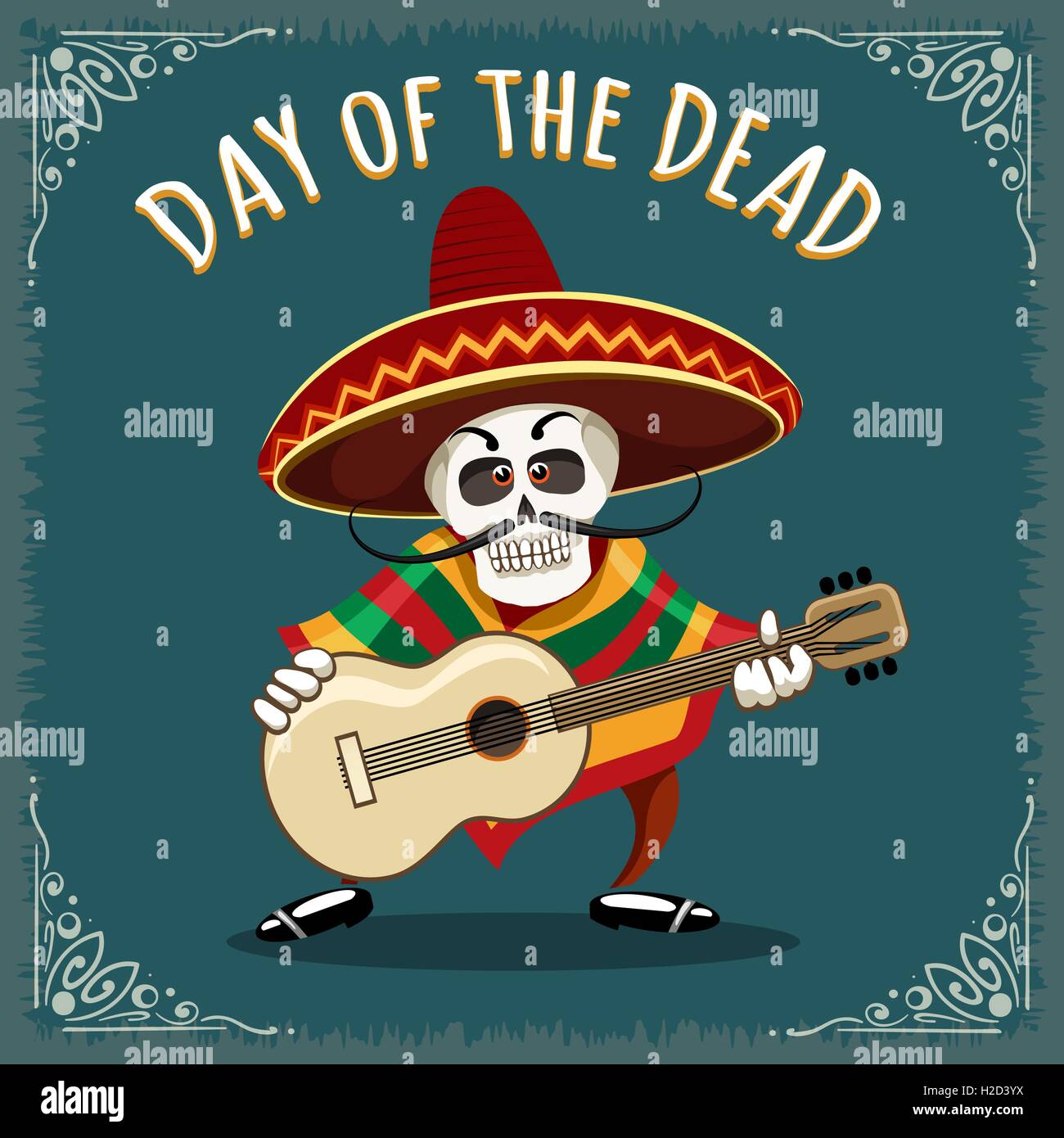 Il giorno dei morti illustrazione. Cranio Mariachi guitar player disegnato in stile cartoon. Illustrazione Vettoriale