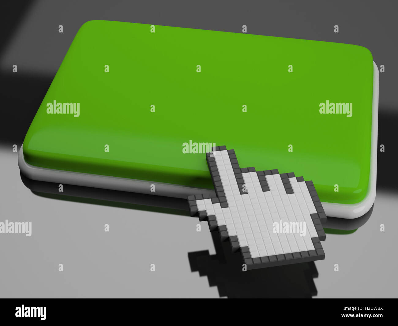 Cursore mano sul tasto Mostra sfondo bianco Copyspace clicca qui Foto Stock