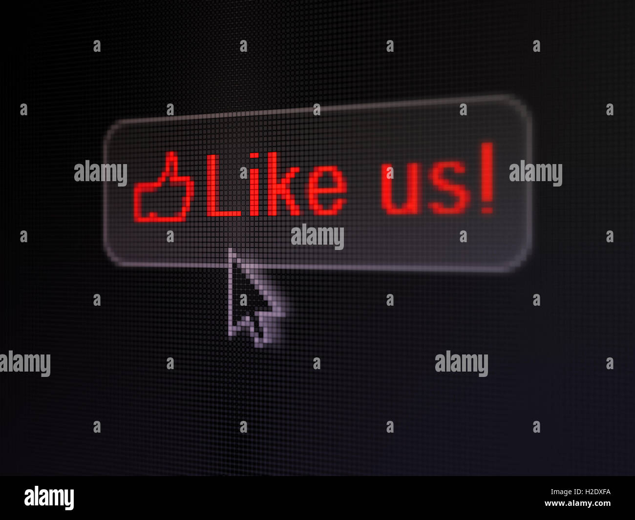 Social media concetto: come noi! E il pollice sul pulsante digitale sullo sfondo Foto Stock