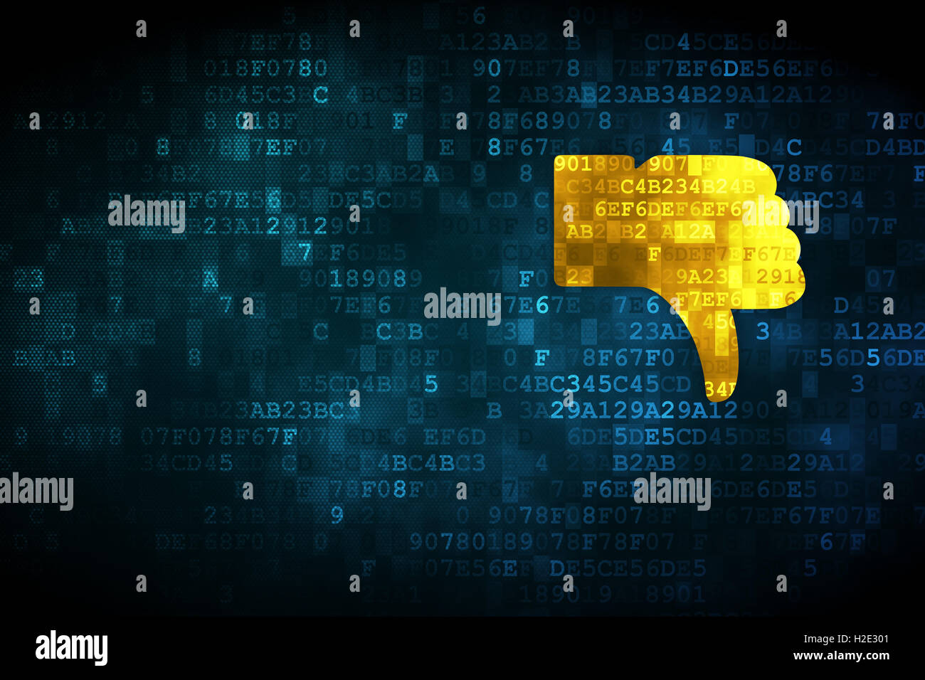 Social media concetto: il pollice verso il basso su sfondo digitale Foto Stock