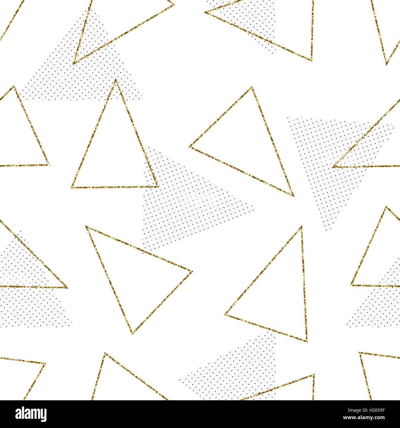 Seamless modello di ripetizione con oro glitter triangoli su sfondo bianco. Moderno ed elegante sfondo piastrelle, poster, textil Illustrazione Vettoriale