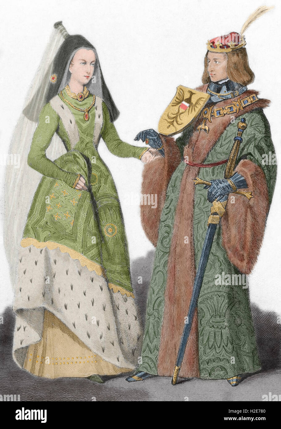 Sacro Romano Imperatore Massimiliano I (1459-1519) con la moglie Maria di Borgogna (1457-1482). Incisione. Colorati. Foto Stock