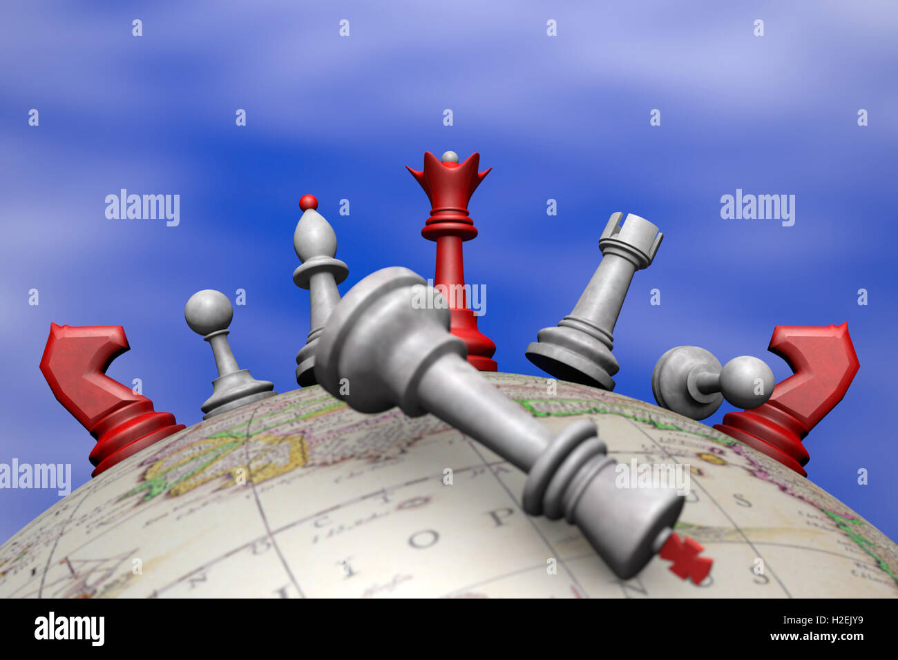 Immagine simbolica (sconvolgimento politico). Scacchi sul globo. Questa immagine è stata creata nel programma Cinema 4D. Foto Stock