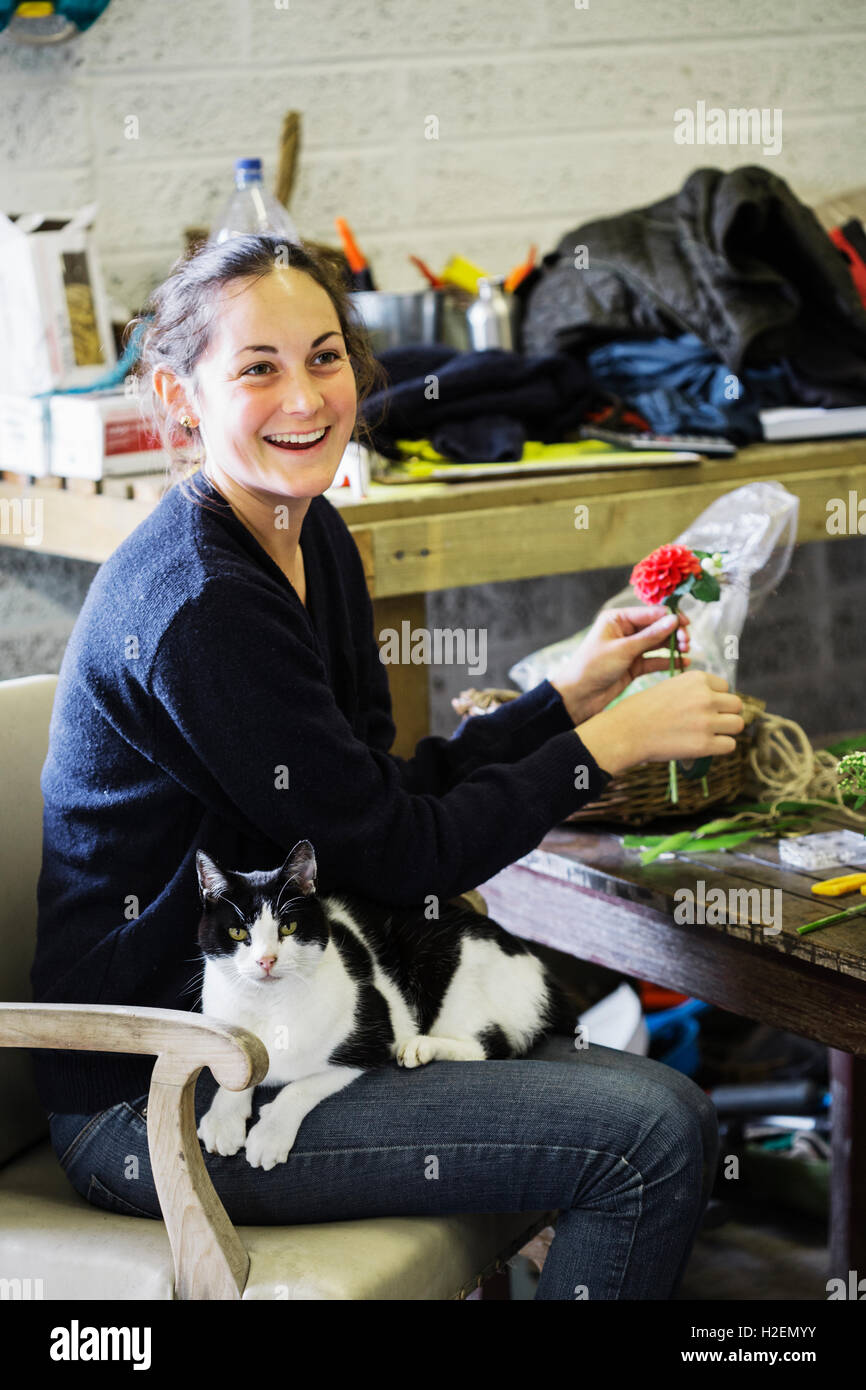 Una donna in fiore granaio, lavorando su una disposizione con un gatto seduto sul suo grembo. Foto Stock