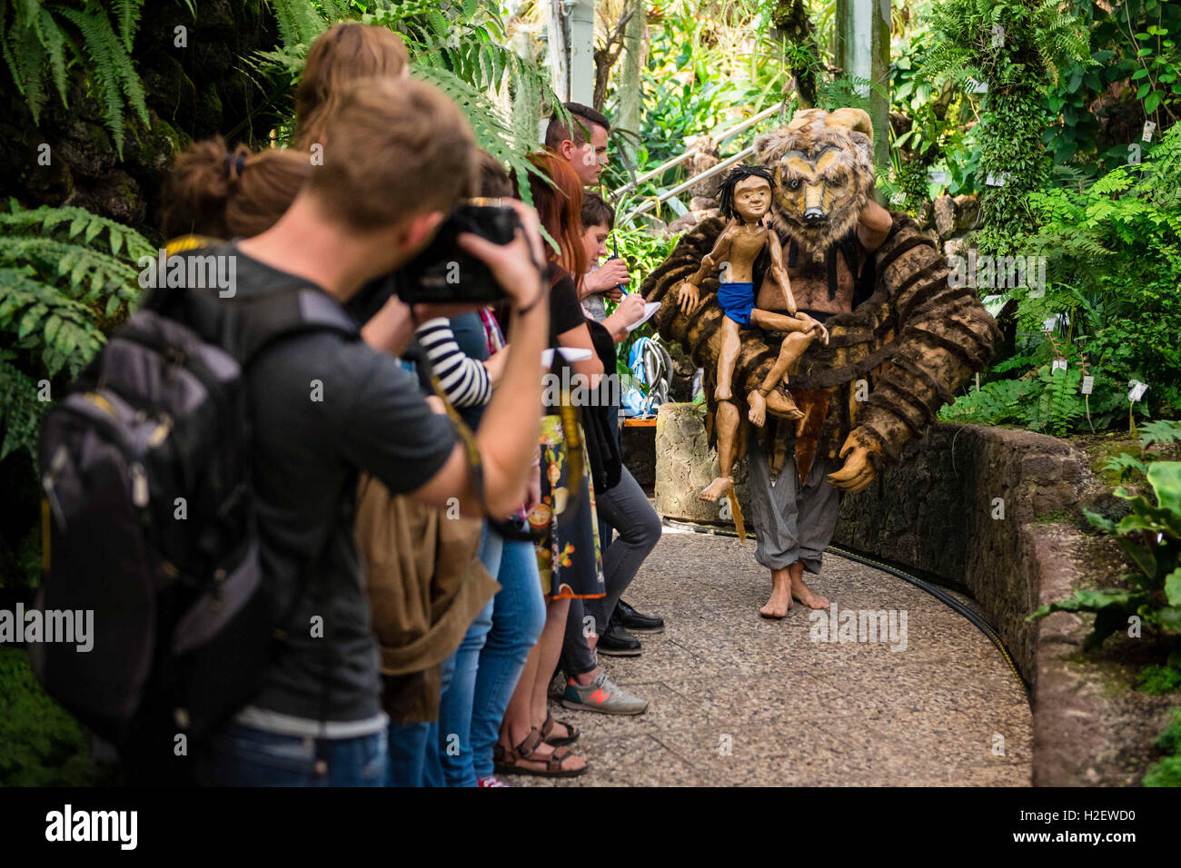 Berlino, Germania. Il 27 settembre, 2016. Attore Michele Andrei gioca con una bambola mogli nel suo ruolo come Balu durante una foto prova del gioco teatrale "Il Libro della Giungla' nella serra del giardino botanico di Berlino, Germania, 27 settembre 2016. Il gioco diretto da Lorenz Christian Kohler anteprime a Berlino il 1 ottobre 2016. Foto: GREGOR FISCHER/dpa/Alamy Live News Foto Stock