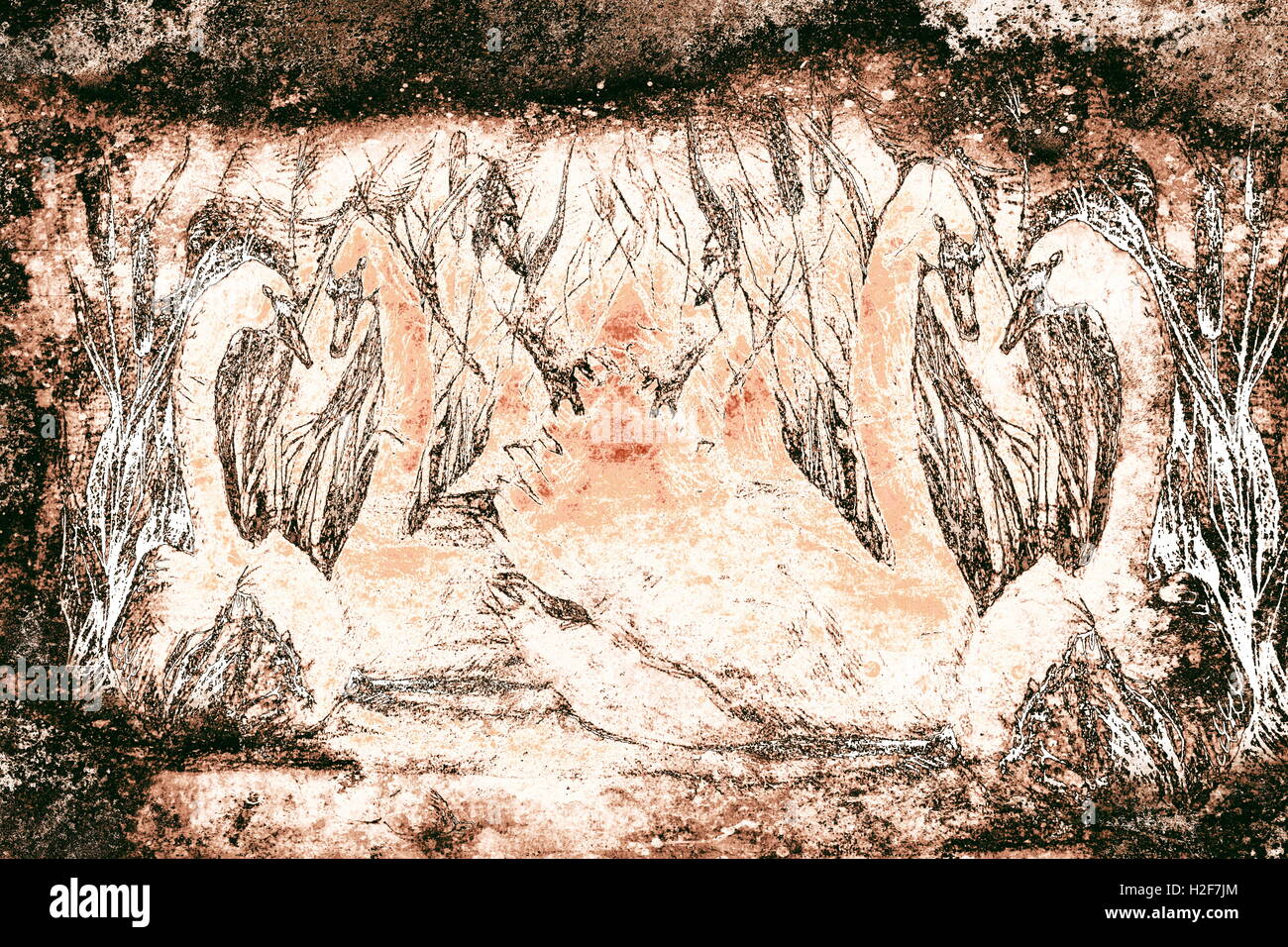 Decorazione in stile intagliato disegno dei cigni nuoto a stagno con canne, monocromatica Foto Stock