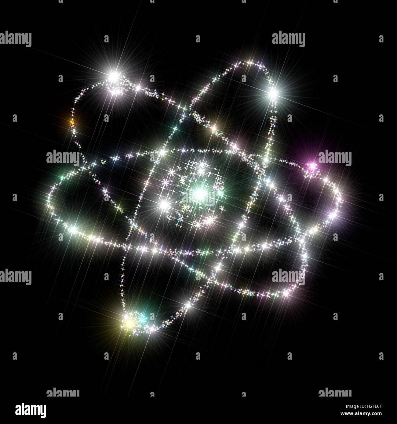 Abstract illustrazione di sfondo che rappresenta il segno del modello di atomo con il nucleo al centro e gli elettroni rotanti attorno a Foto Stock