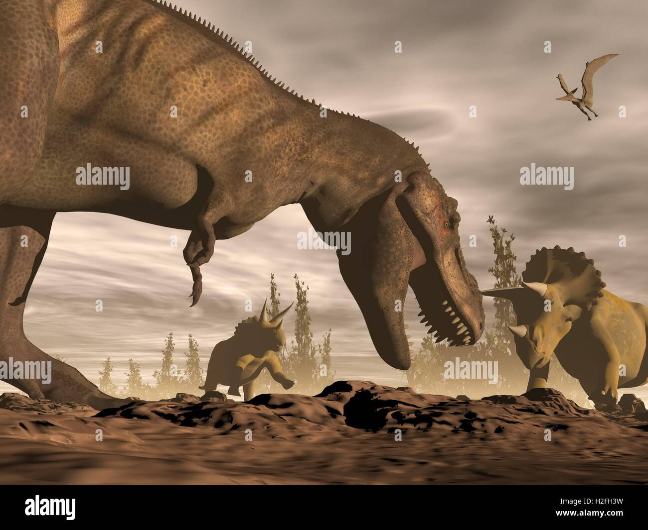 Tirannosauro ruggente a triceratops - 3D render Foto Stock