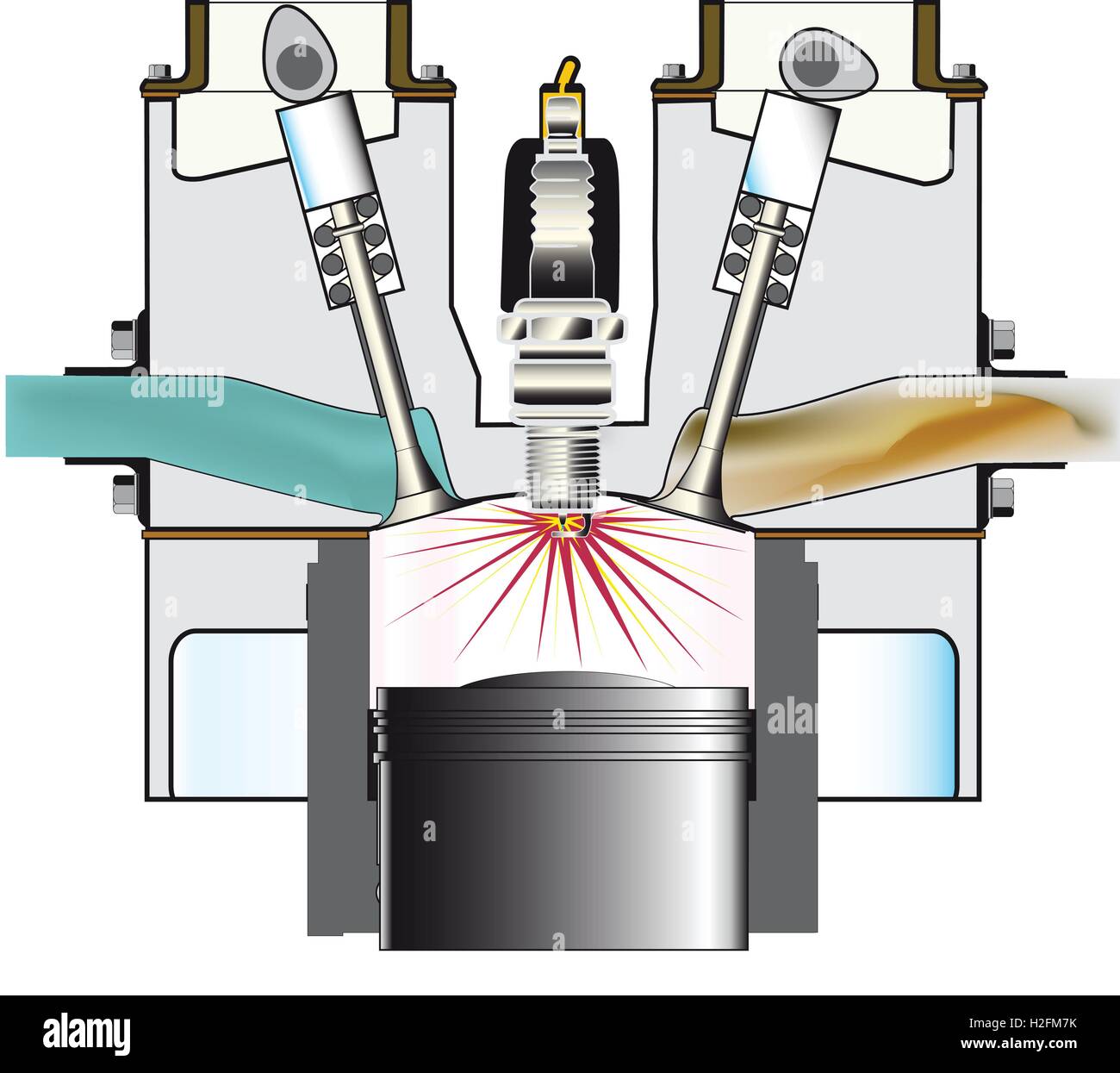A quattro tempi a benzina del motore sulla sua corsa di accensione su uno sfondo bianco Illustrazione Vettoriale