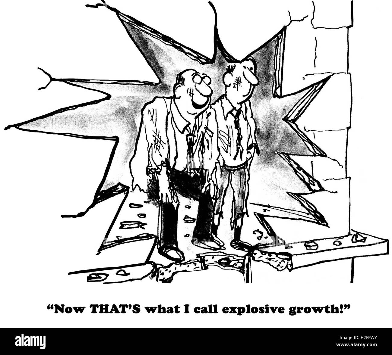 Business b&w illustrazione che mostra due imprenditori guardando fuori enorme blast in parete, "ora questo è ciò che io chiamo la crescita esplosiva". Foto Stock