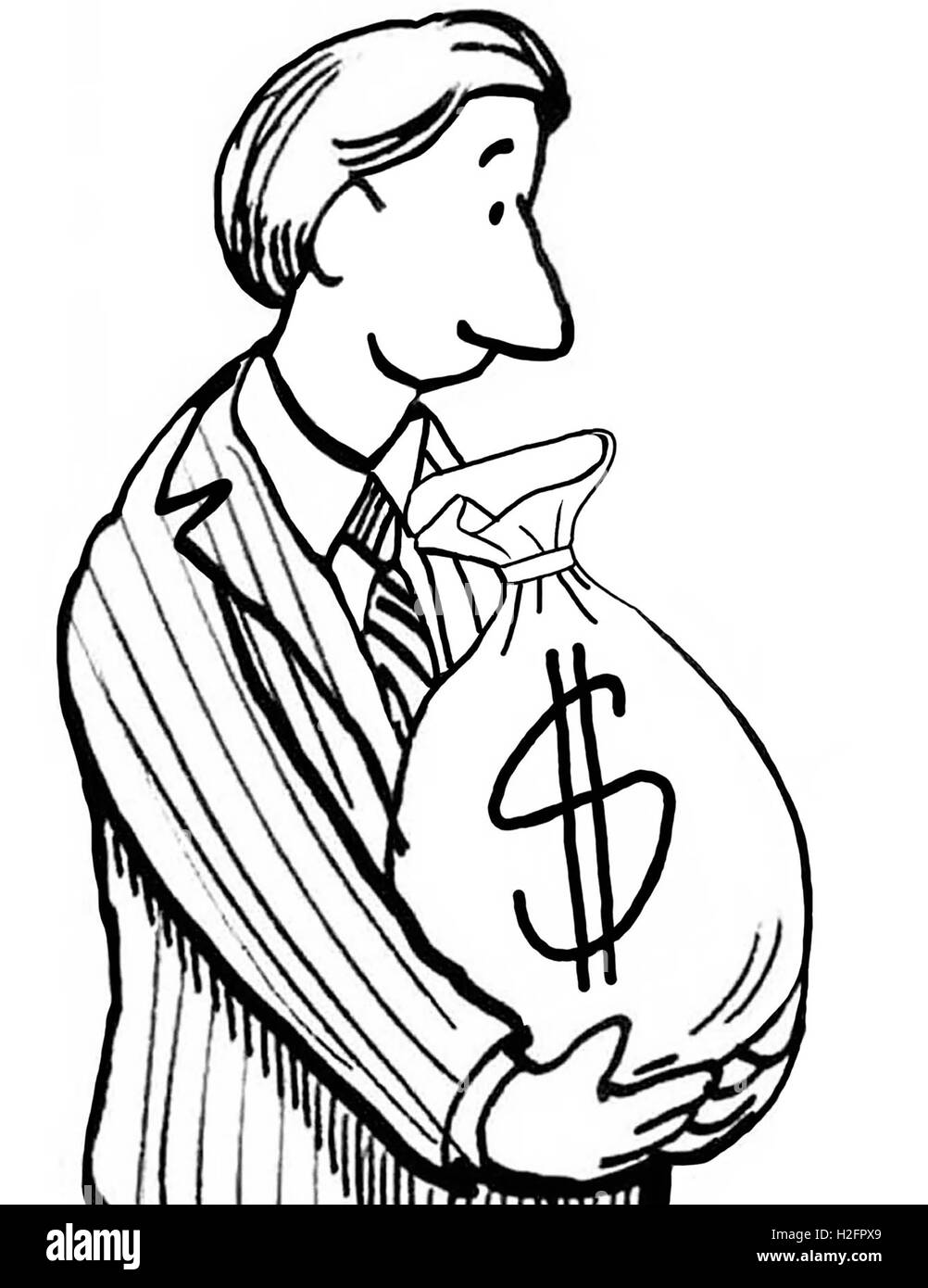 Business b&w illustrazione di un imprenditore sorridente guardando verso il basso in corrispondenza di un sacchetto di denaro che egli è in possesso. Foto Stock