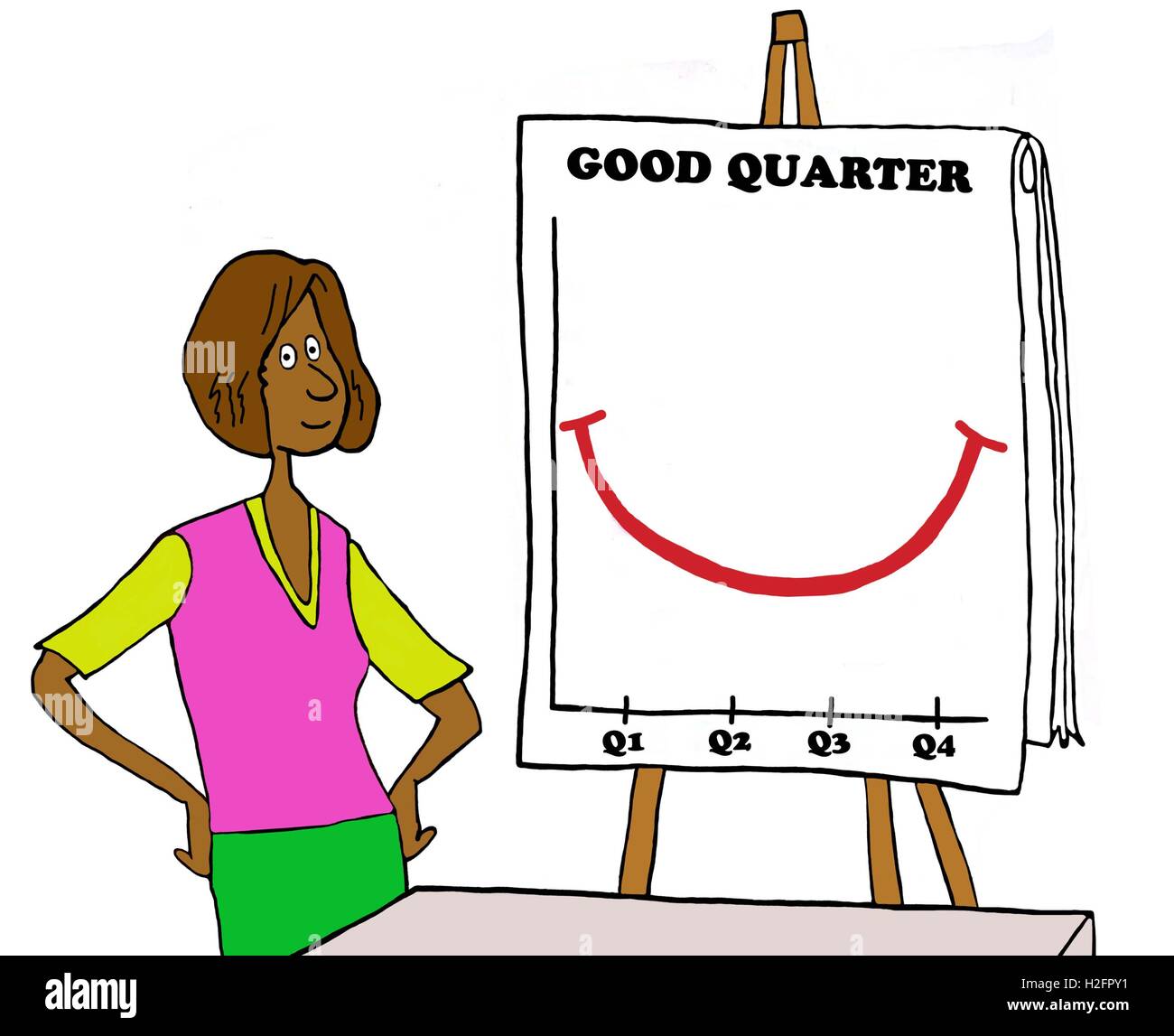 Business Illustrazione a colori di un nero imprenditrice accanto a un grafico "un buon trimestre". Foto Stock Business Illustrazione a colori di un nero imprenditrice accanto a un grafico "un buon trimestre". Foto Stock