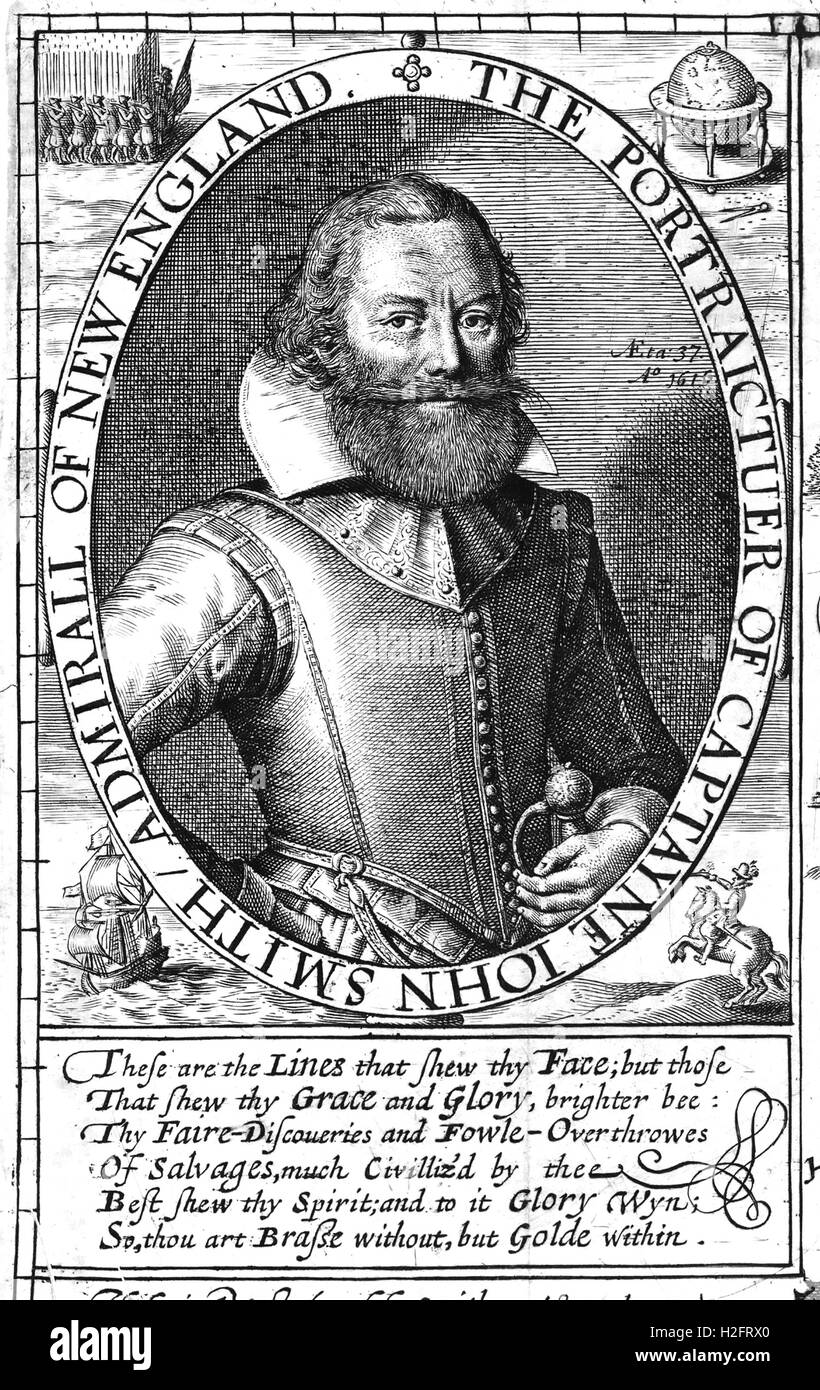 JOHN Smith (1580-1631) soldato inglese e Admiral del New England come mostrato nella sua 1624 prenota le generali Historie della Virginia... Foto Stock