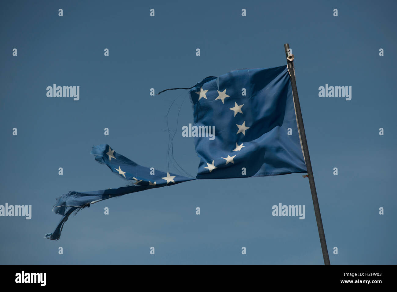 Strappata bandiera Europea sventolare nel vento, Saint Gilles, Camarque, Francia Foto Stock