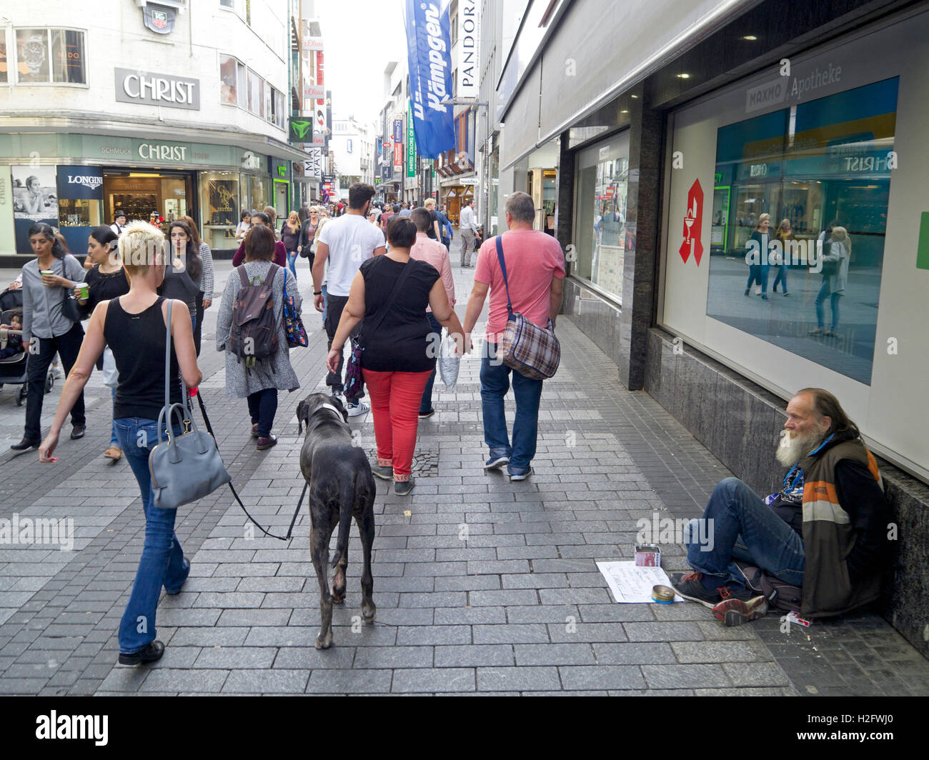 Scena di strada con Big Dog e vagabondo sulla strada dello shopping di Colonia, Germania Foto Stock